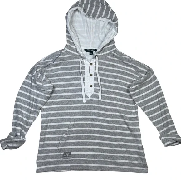 Lauren Ralph Lauren Striped Hoodie Pullover Henley Pocket Gray White Size S - Picture 2 of 11
